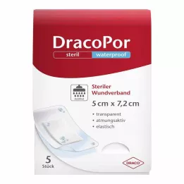 DRACOPOR voděodolné krytí na rány 5x7,2 cm sterilní, 5 ks